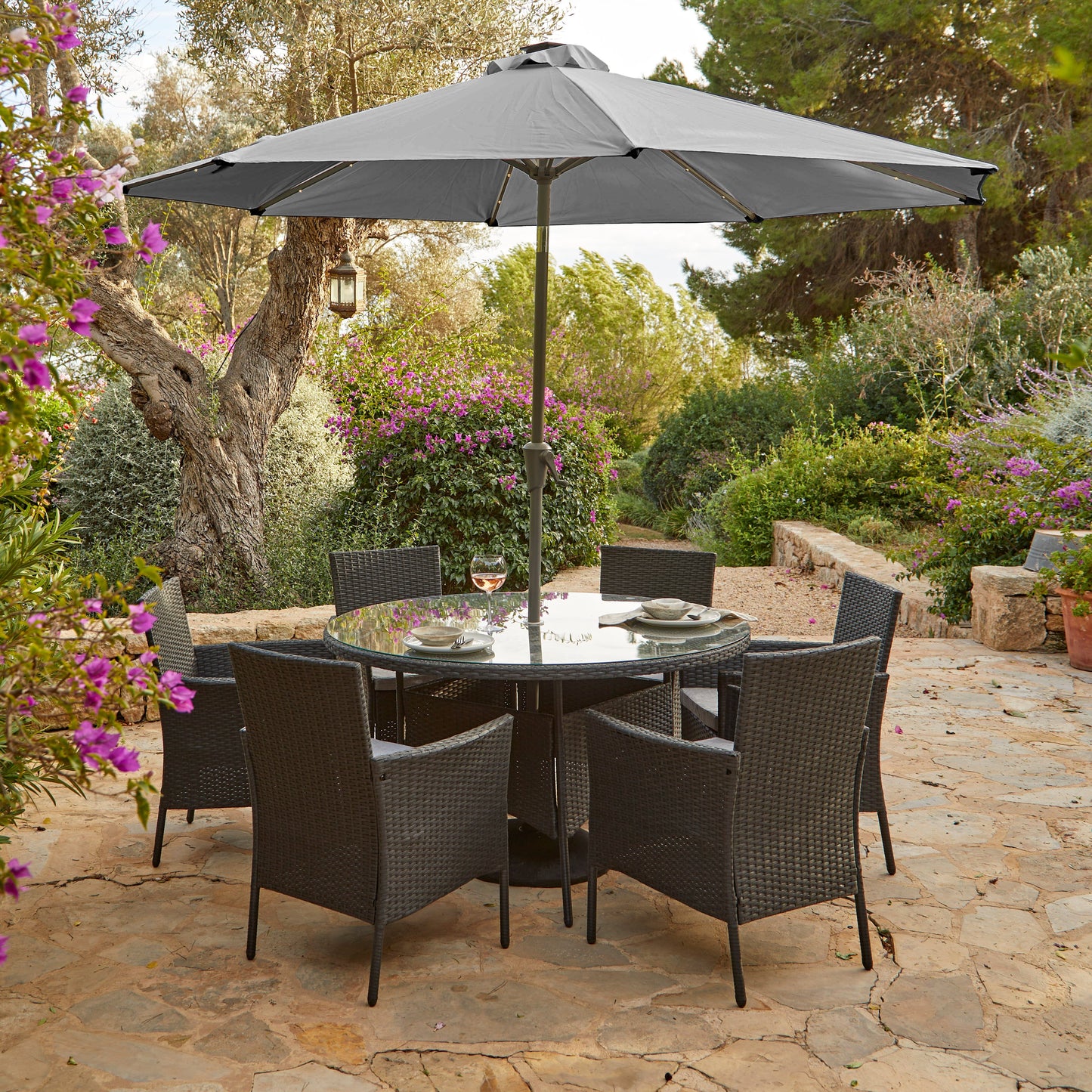 Kemble 6 Seater Rattan Round Dining Set with Premium Parasol and Parasol Rain Cover - Black