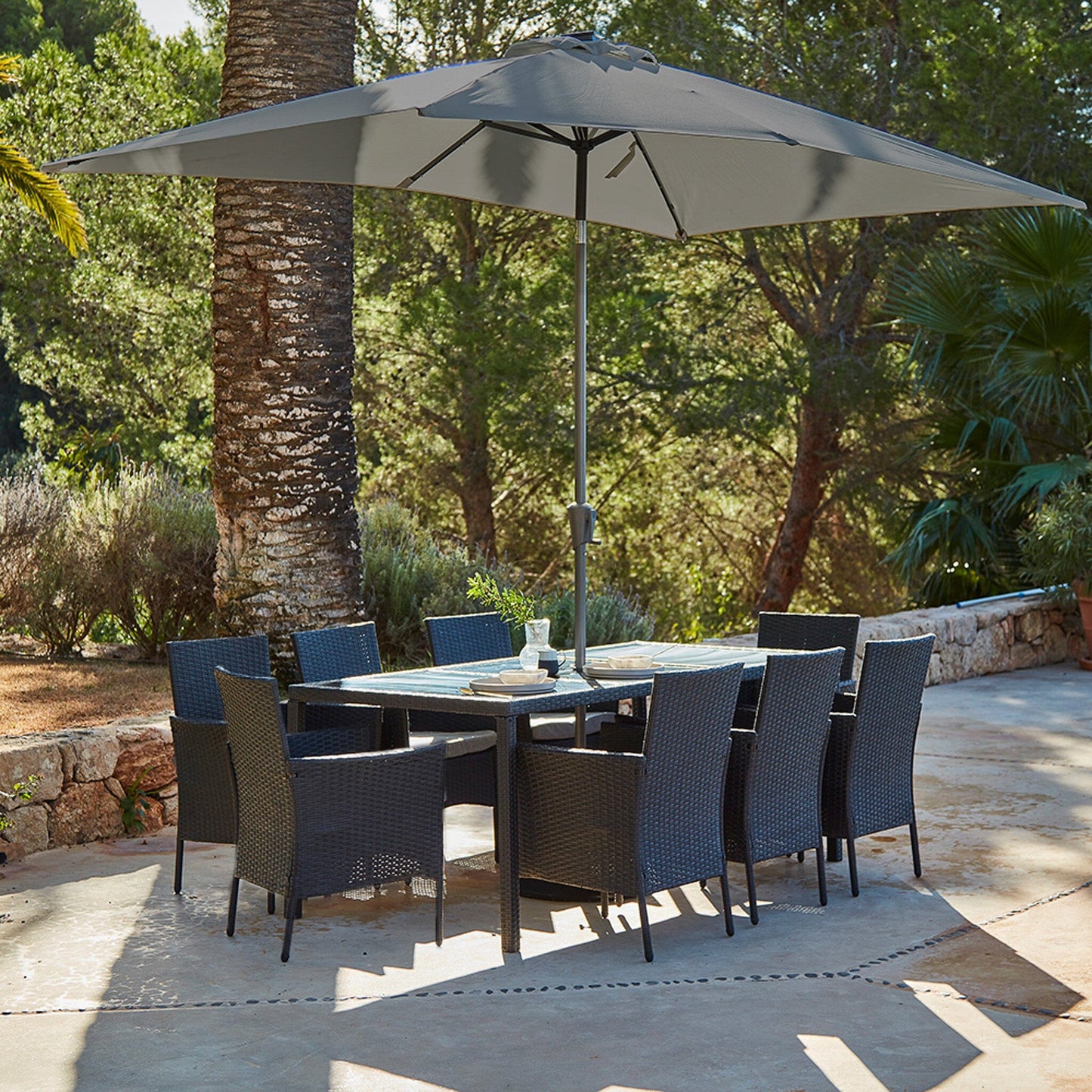 Marston 8 Seater Rattan Dining Set with Grey Parasol - Rattan Garden Furniture - Black