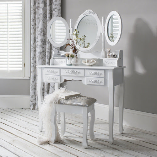 Monaco Dressing Table, Stool & Mirror Set - White Painted