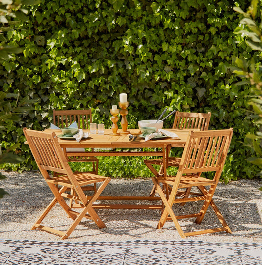 Ashby 4 Seater Wooden Rectangular Garden Dining Set with Cream LED Premium Parasol - 120cm