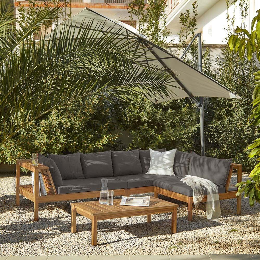 Dakota Corner Wooden Sofa Set with Cream LED Premium Parasol- Grey Cushions