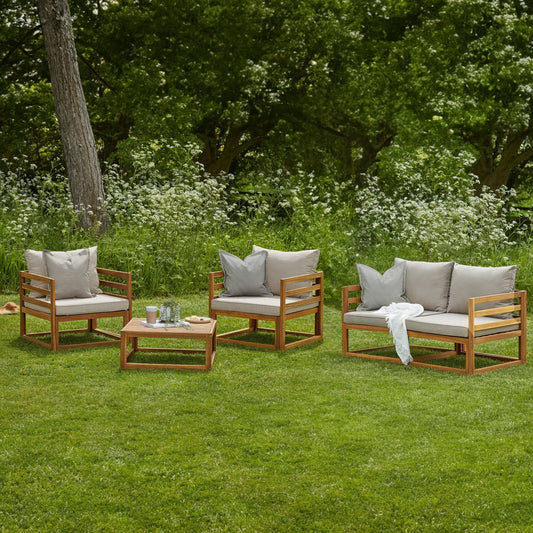 Rowan Natural Wooden Garden Set with 2 Seater Sofa - 2 Armchairs with Coffee Table - Laura James