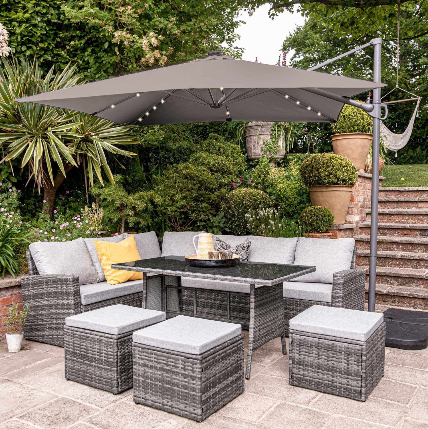 Aston Rattan Corner Sofa Set - Grey LED Cantilever Parasol - 9 Seater - Grey - Laura James