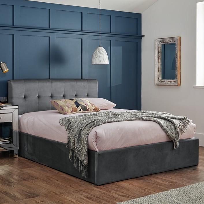 Grey velvet double ottoman bed and mattress set - Laura James