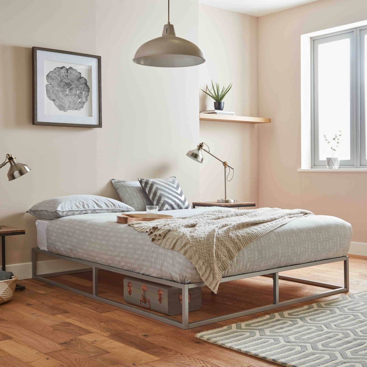 Grey metal platform industrial king size bed - Laura James