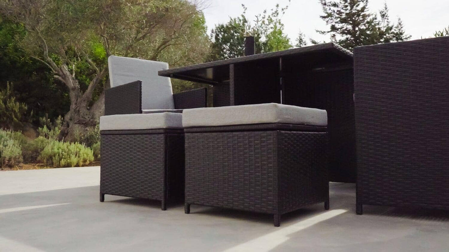 Cube 10 Seater Rattan Outdoor Dining Set with Grey LED Premium Parasol  - Black Weave