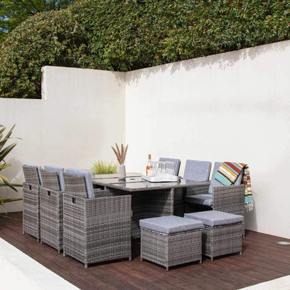 10 Seat Rattan Cube Outdoor Dining Set with Premium Parasol and Parasol Rain Cover - Grey Weave - Laura James