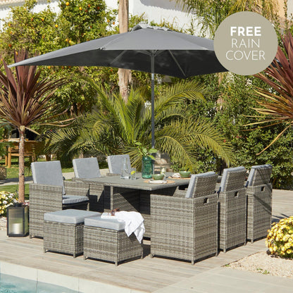 10 Seater Rattan Cube Garden Dining Set with Grey Parasol - Grey Weave Polywood Top - Laura James