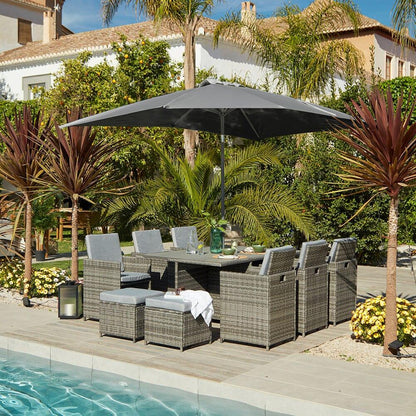 10 Seater Rattan Cube Garden Dining Set with Grey Parasol - Grey Weave Polywood Top - Laura James