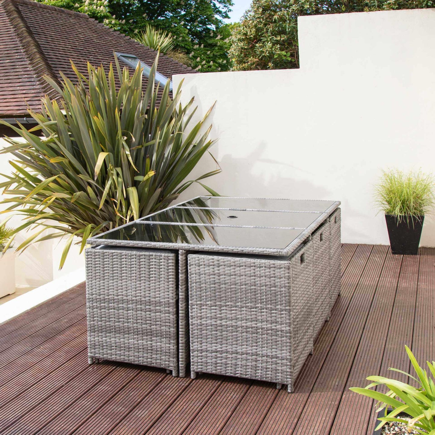 10 Seater Rattan Cube Garden Dining Set With Parasol - Grey Weave - Laura James