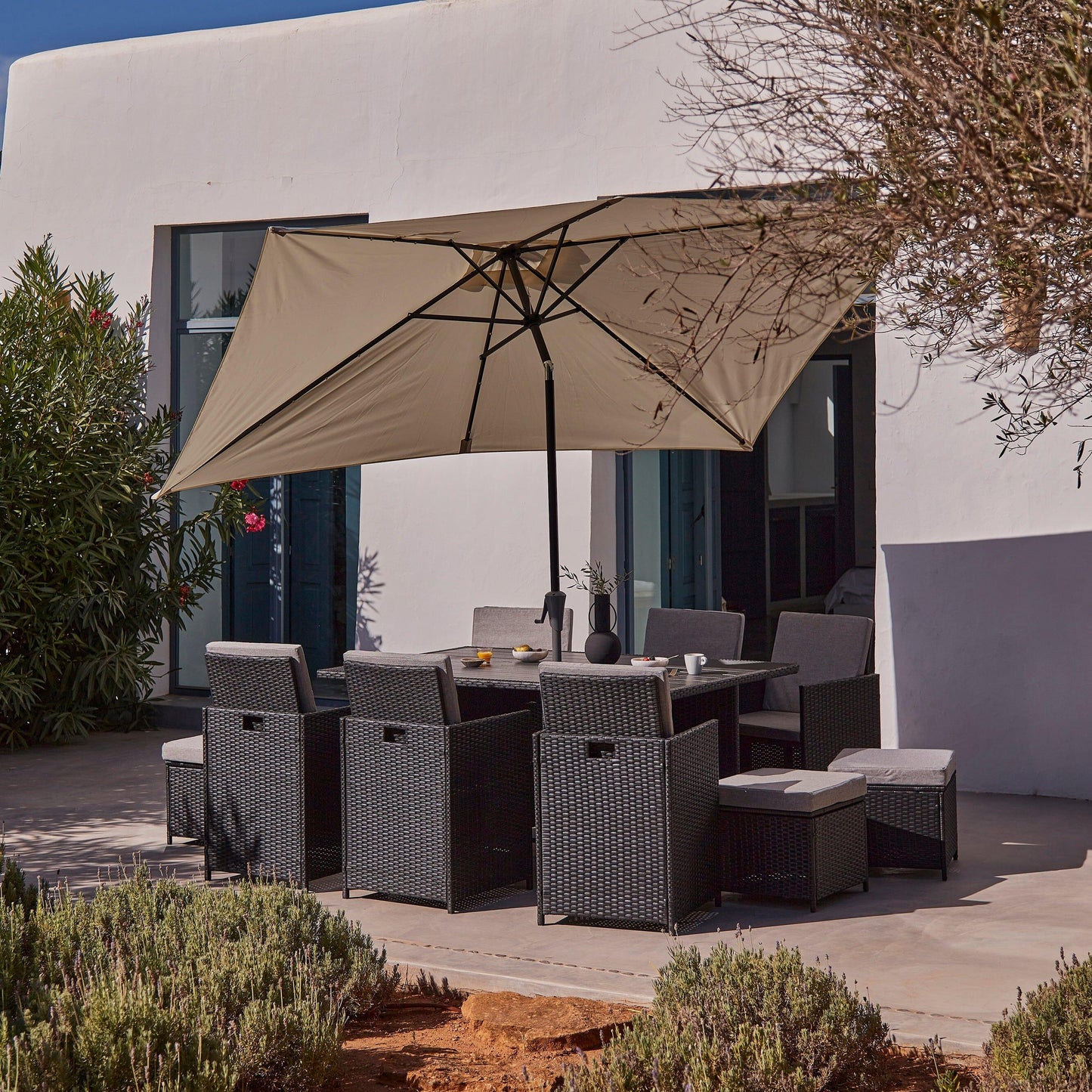 10 Seater Rattan Cube Outdoor Dining Set with Cream LED Premium Parasol- Black Weave Polywood Top