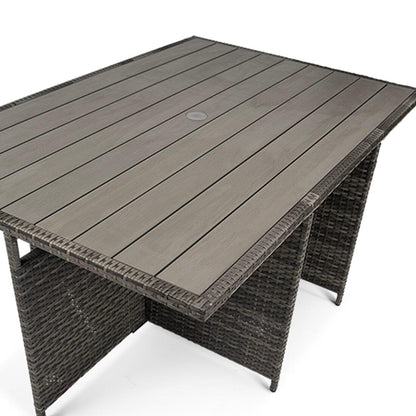 10 Seater Rattan Cube Outdoor Dining Set with Cream LED Premium Parasol - Grey Weave Polywood Top