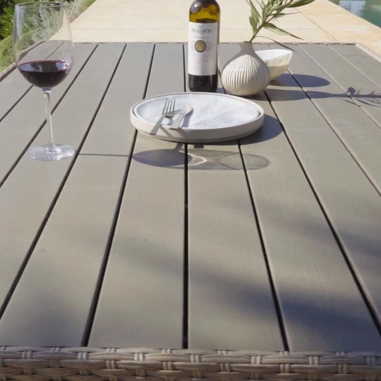 10 Seater Rattan Cube Outdoor Dining Set With Cream LED Premium Parasol - Natural Brown Weave Polywood Top - Laura James