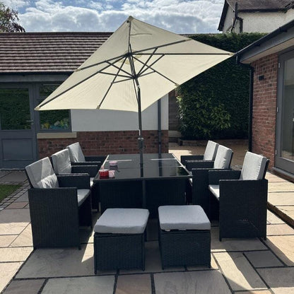 Cube 10 Seater Rattan Garden Dining Set with Cream LED Premium Parasol - Black Weave