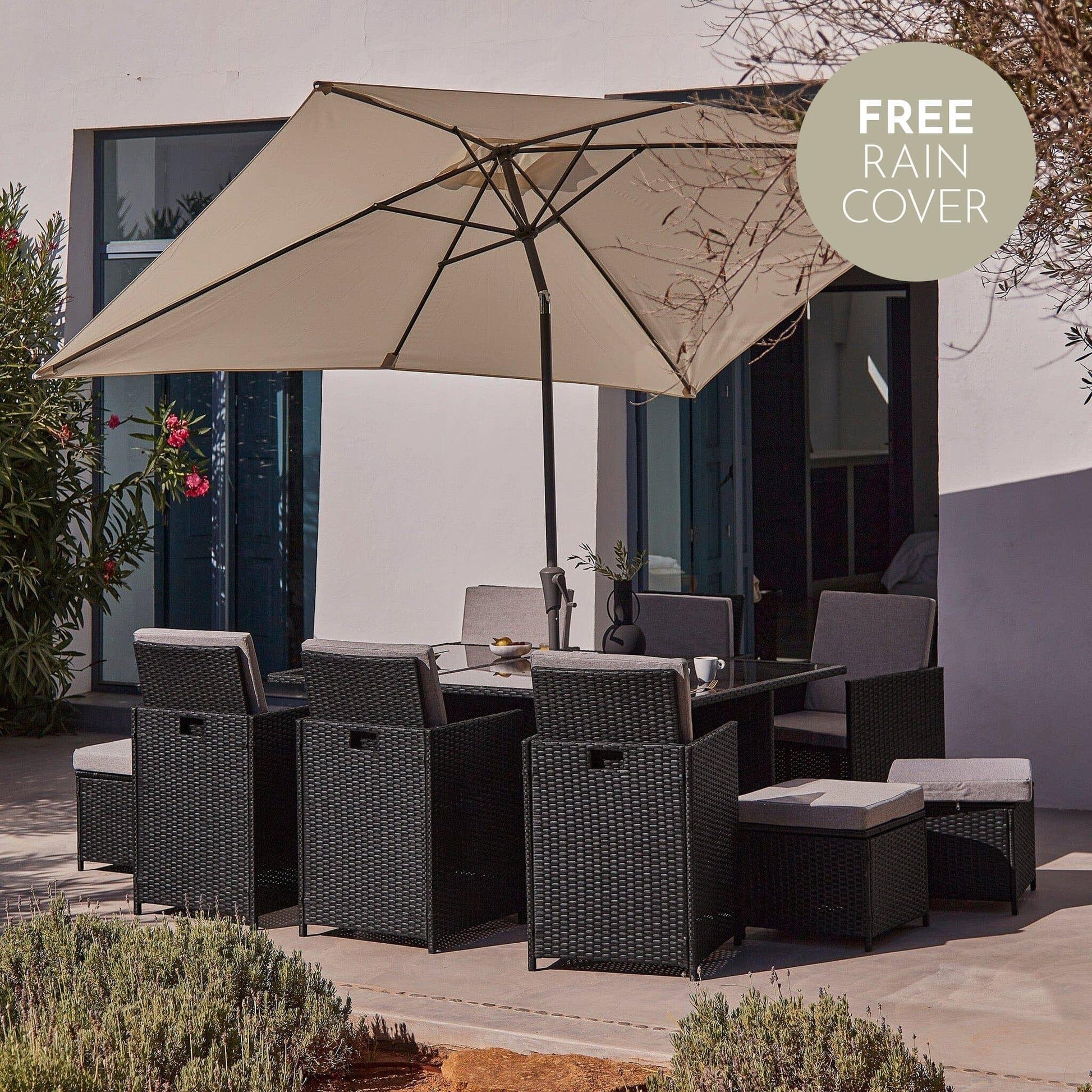 10 Seater Rattan Cube Outdoor Dining Set with Cream Parasol - Black Weave Polywood Top