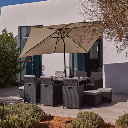 10 Seater Rattan Cube Outdoor Dining Set with Cream Parasol - Black Weave Polywood Top