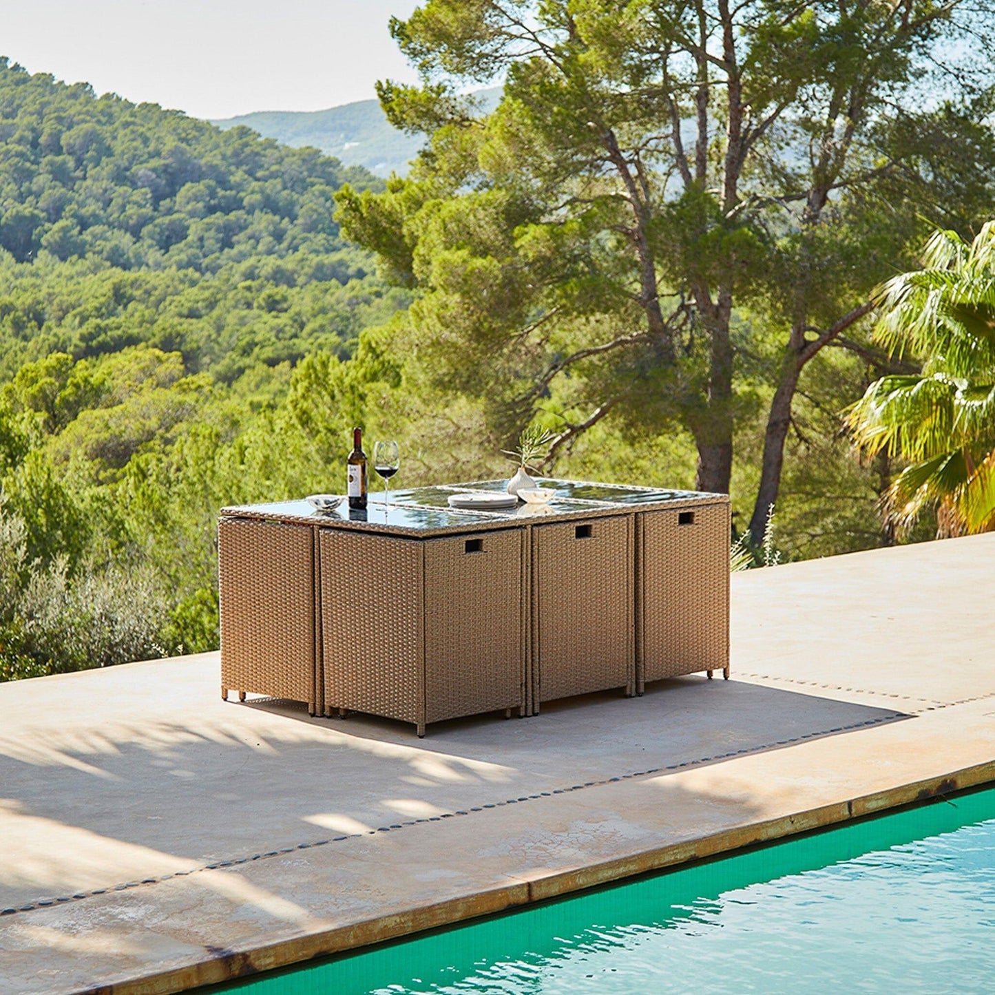 10 Seater Rattan Cube Outdoor Dining Set With Cream Parasol - Natural Brown Weave