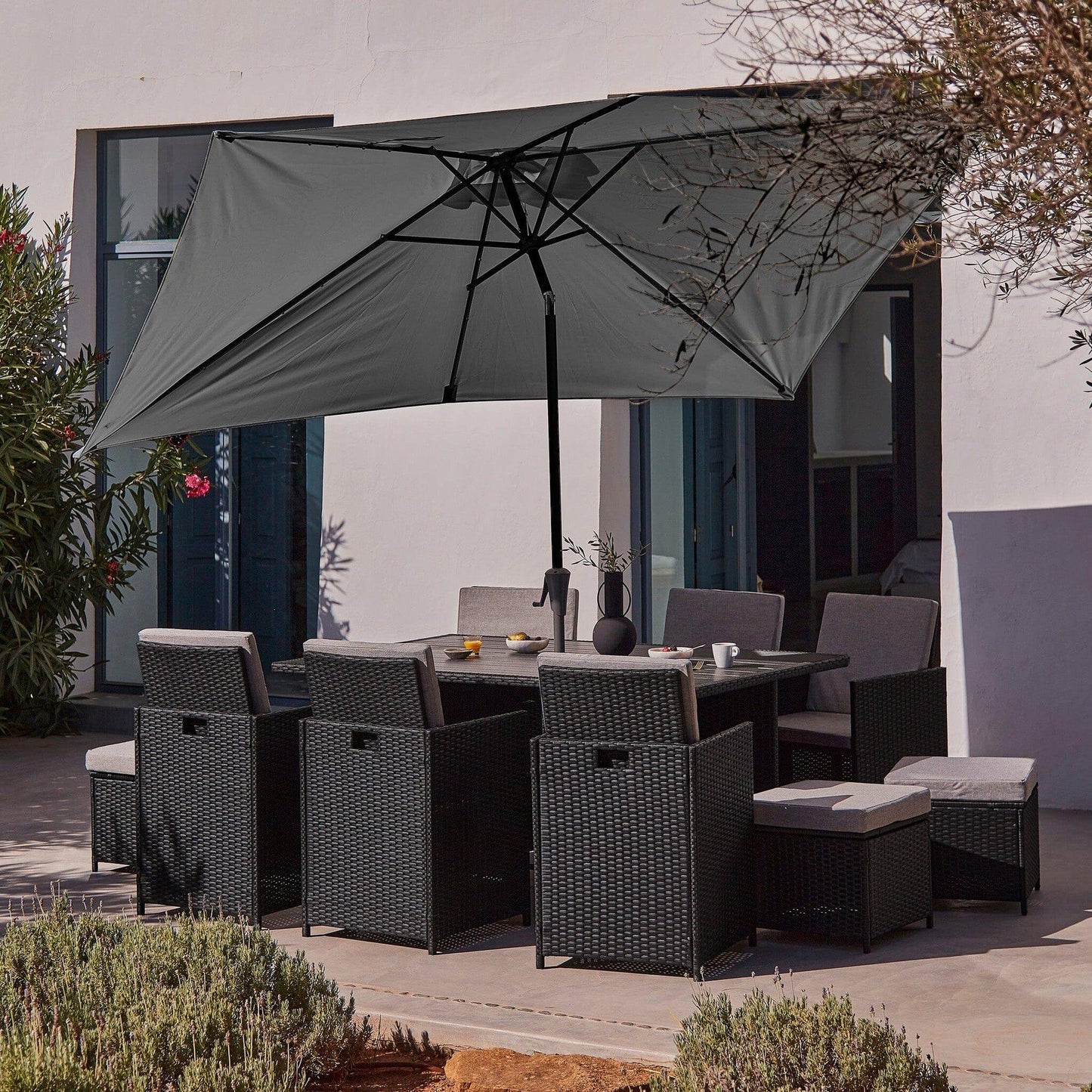 10 Seater Rattan Cube Outdoor Dining Set with Grey LED Premium Parasol - Black Weave Polywood Top