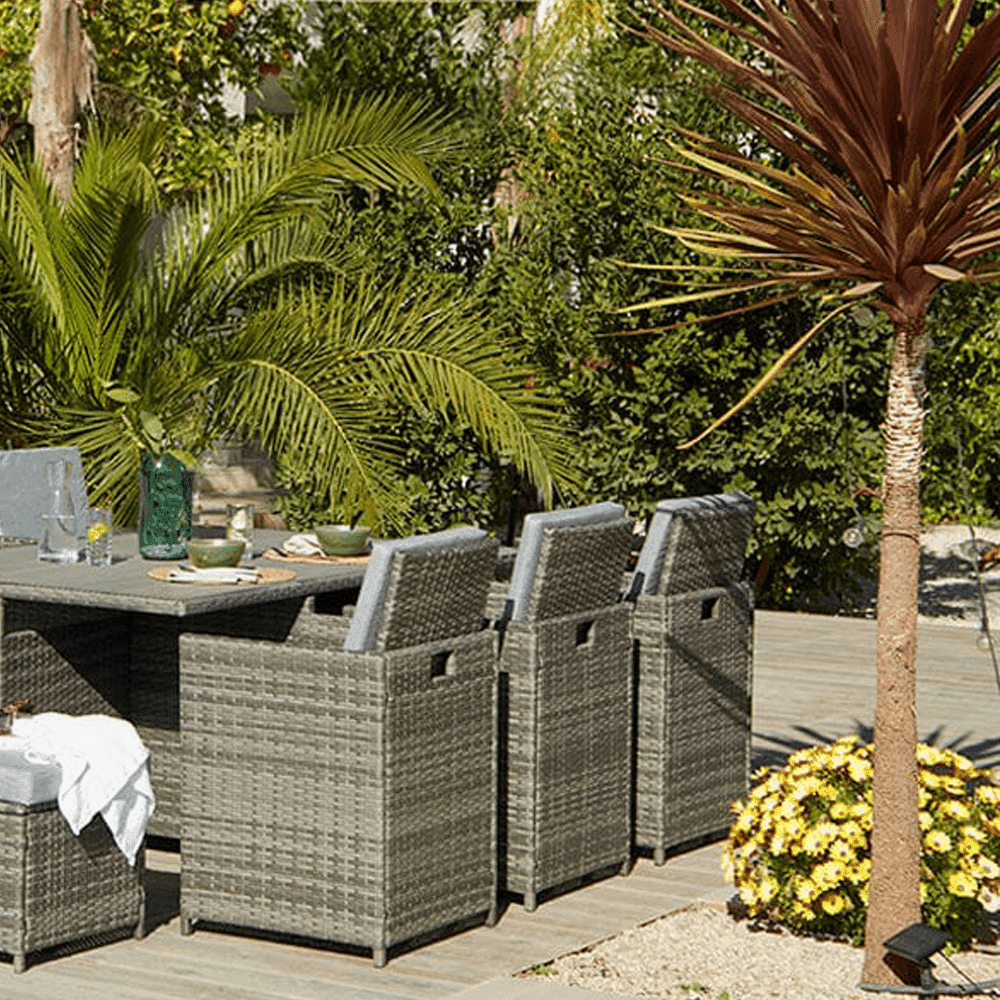 10 Seater Rattan Cube Outdoor Dining Set with Grey LED Premium Parasol - Grey Weave Polywood Top - Laura James