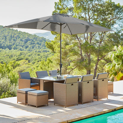 Cube 10 Seater Dining Set + Grey Rectangular Parasol - Natural Brown Weave Black Glass Top