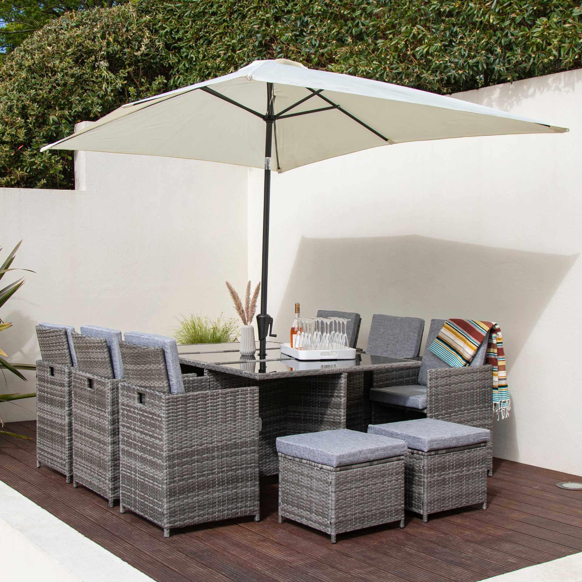 10 Seater Rattan Cube Outdoor Dining Set with Parasol - Grey Weave - Laura James