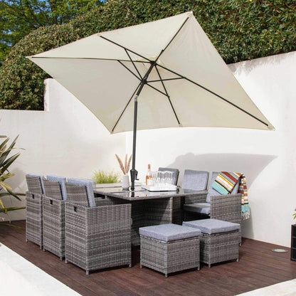 10 Seat Rattan Cube Outdoor Dining Set with Premium Parasol and Parasol Rain Cover - Grey Weave - Laura James