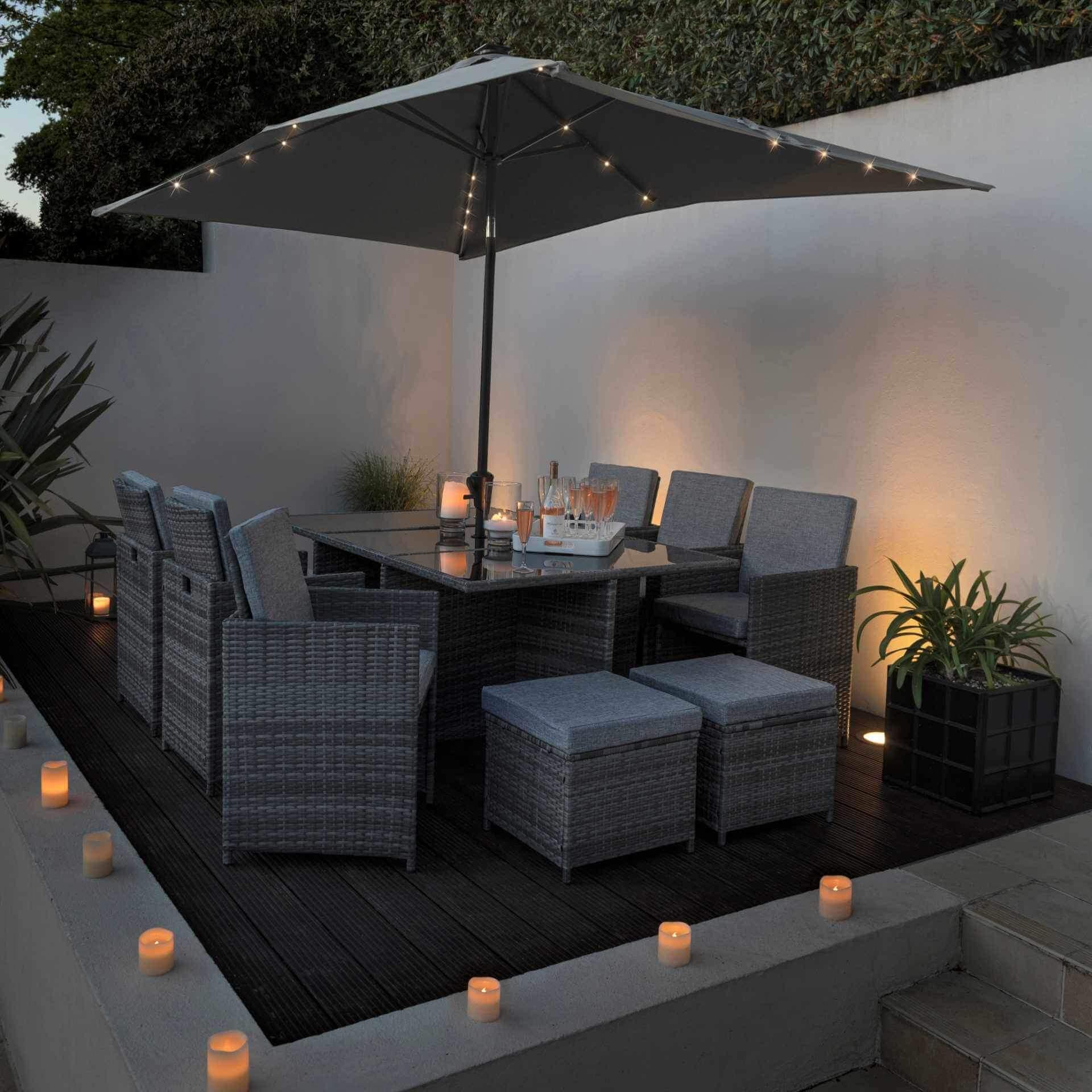 10 Seat Rattan Cube Outdoor Dining Set with LED Premium Parasol - Grey Weave - Laura James