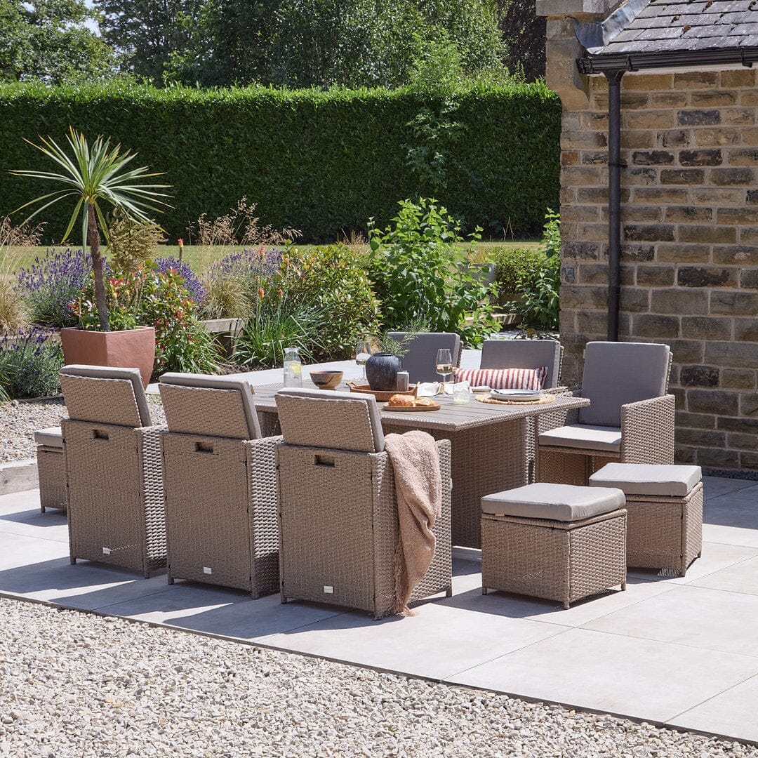 10 Seater Rattan Cube Outdoor Dining Set - Brown Weave Polywood Top - Laura James