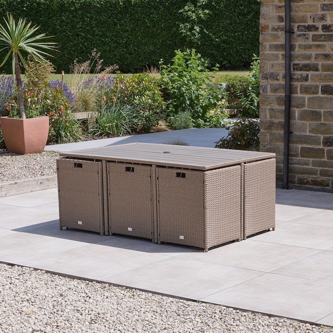10 Seater Rattan Cube Outdoor Dining Set - Brown Weave Polywood Top - Laura James
