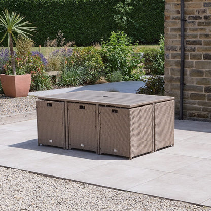 10 Seater Rattan Cube Outdoor Dining Set - Brown Weave Polywood Top - Laura James