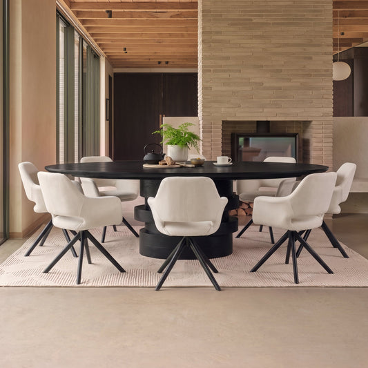 Adam 240cm Jet Black Mango Wood Oval Dining Table Set - 8 Seater - Parker Snow White Boucle Office Chairs - Black Metal Legs - Laura James 