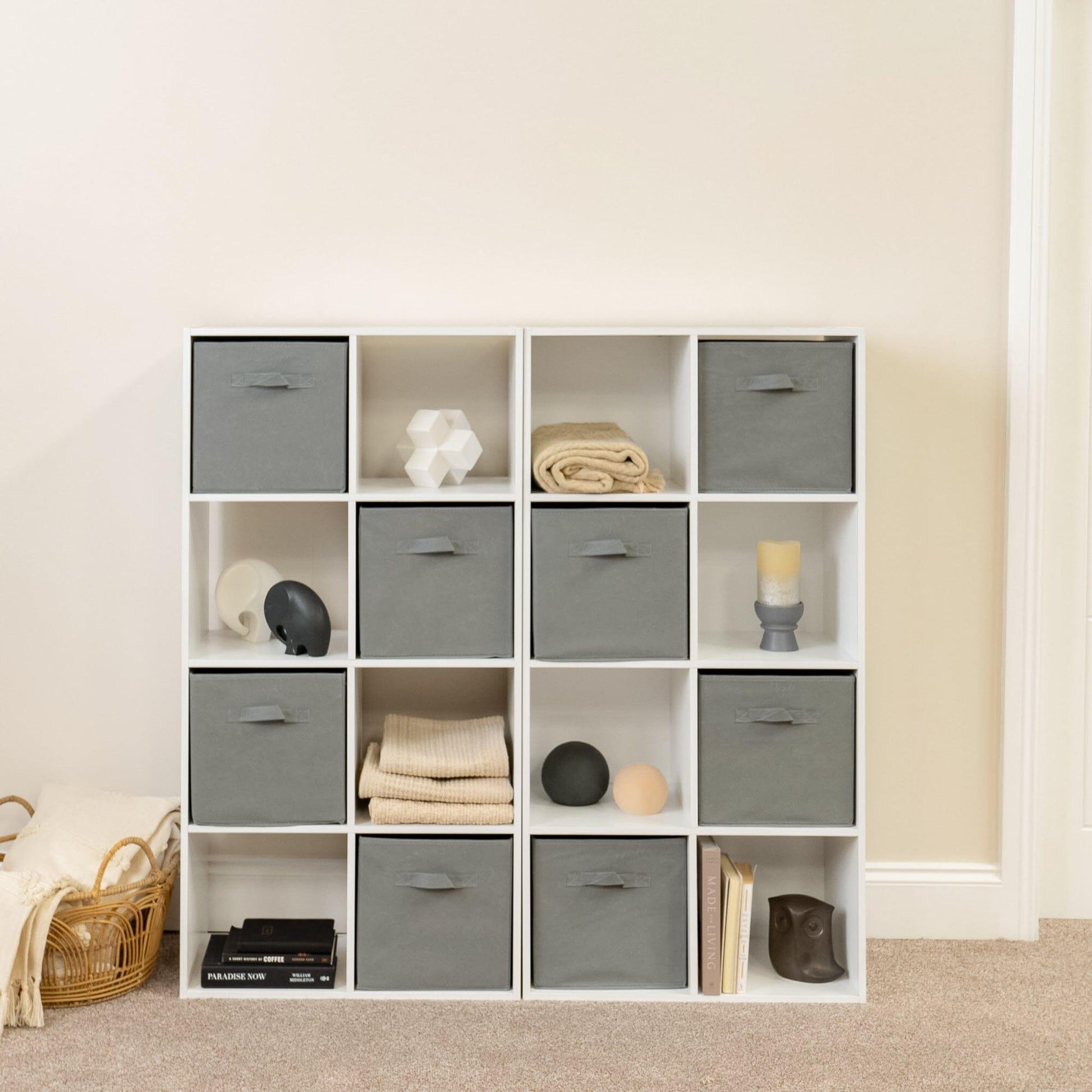 16 Cube Storage Unit - White - Two 8x2 Units (Grey Basket) - Laura James