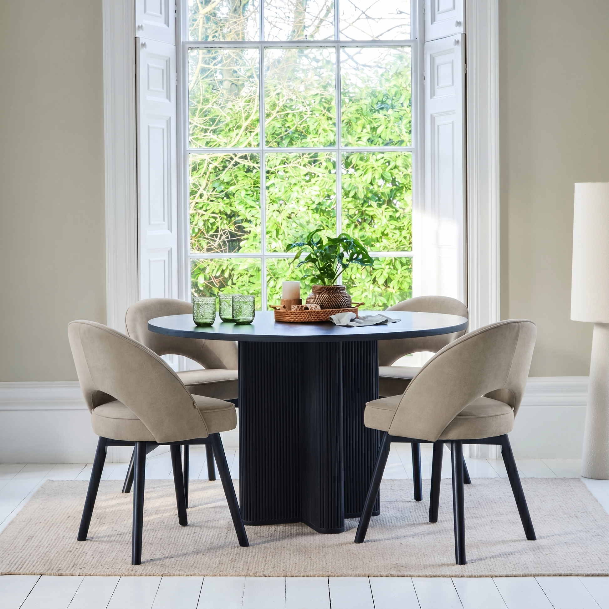 Orla Black Mango Wood Round Dining Table Set - 4 Seater - Marilyn Soft Beige Dining Chairs - Black Legs - Laura James 