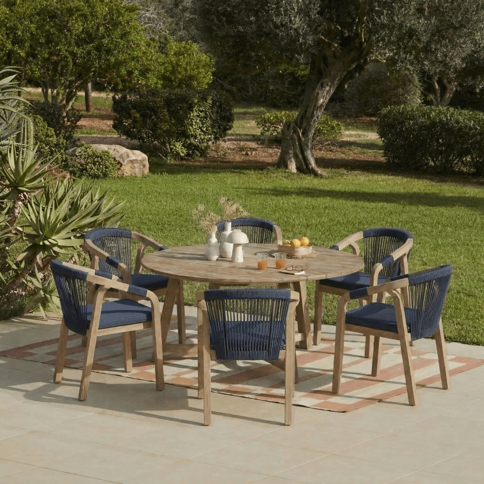 Shiro 6 Seater Round Wooden Garden Dining Set with Shiro Navy Rope Dining Chairs -160cm - Laura James