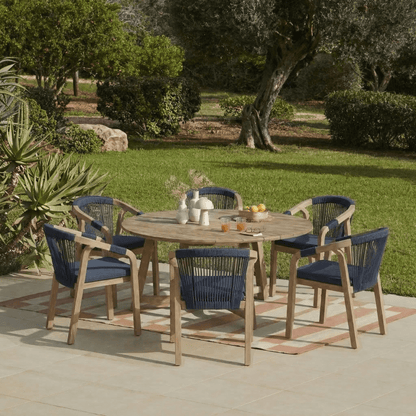 Shiro 6 Seater Round Wooden Garden Dining Set with Shiro Navy Rope Dining Chairs -160cm - Laura James