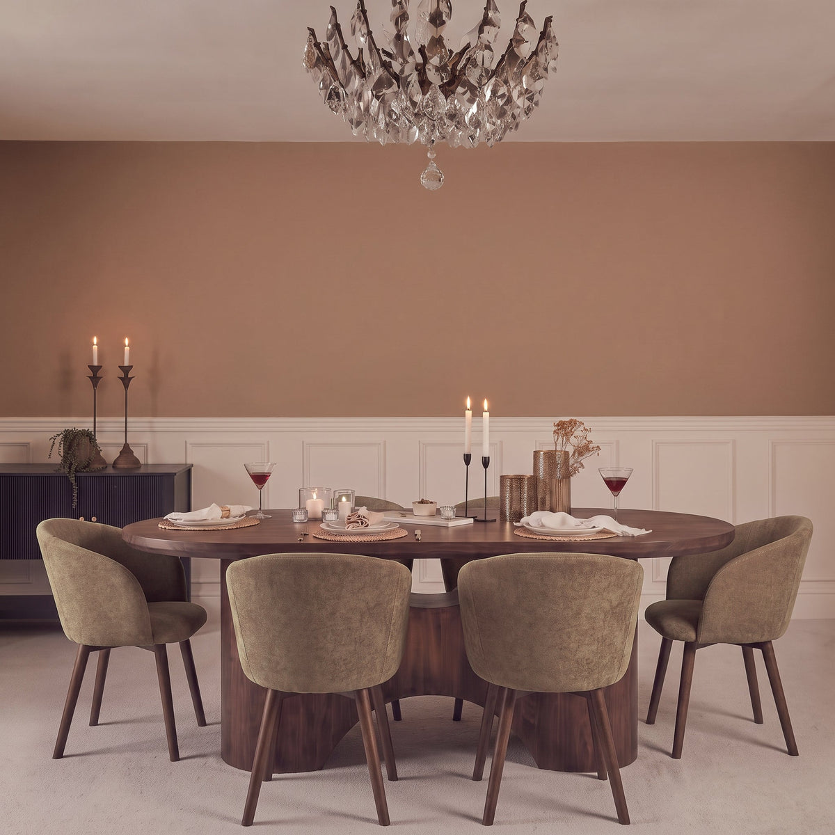 Octavia 220cm Coffee Brown Mango Wood Dining Table Set - 6 Seater - Archer Natural Brown Dining Chairs - Coffee Brown Legs - Laura James 