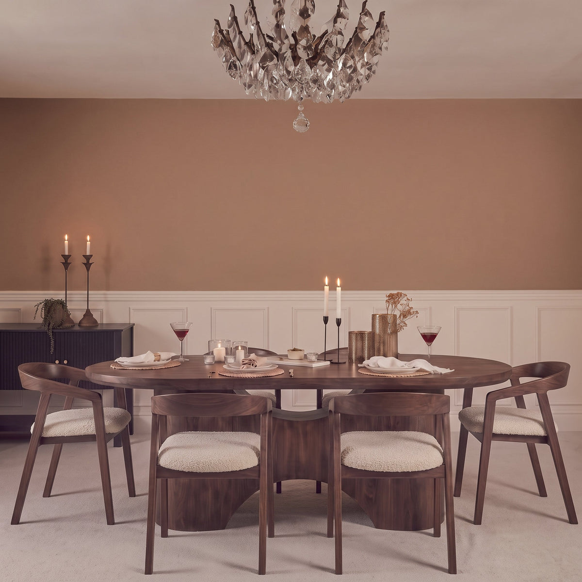 Octavia 220cm Coffee Brown Mango Wood Dining Table Set - 6 Seater - Ella Off White Boucle Carver Chairs - Coffee Brown Legs - Laura James 
