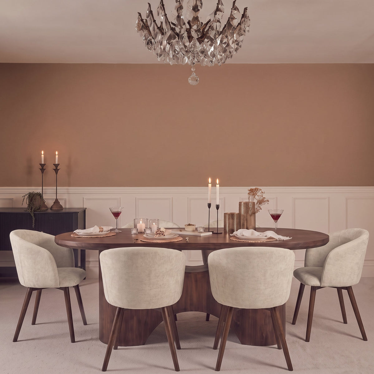 Octavia 220cm Coffee Brown Mango Wood Dining Table Set - 6 Seater - Archer Soft Beige Dining Chairs - Coffee Brown Legs