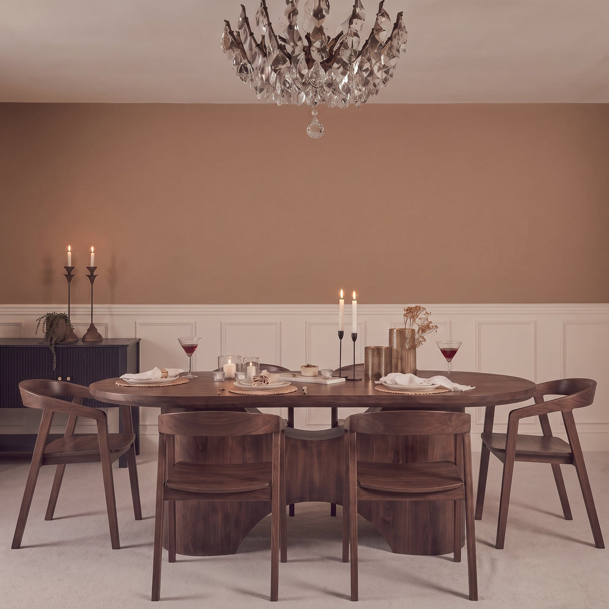 Octavia 220cm Coffee Brown Mango Wood Dining Table Set - 6 Seater - Ella Coffee Brown Armchairs - Laura James 