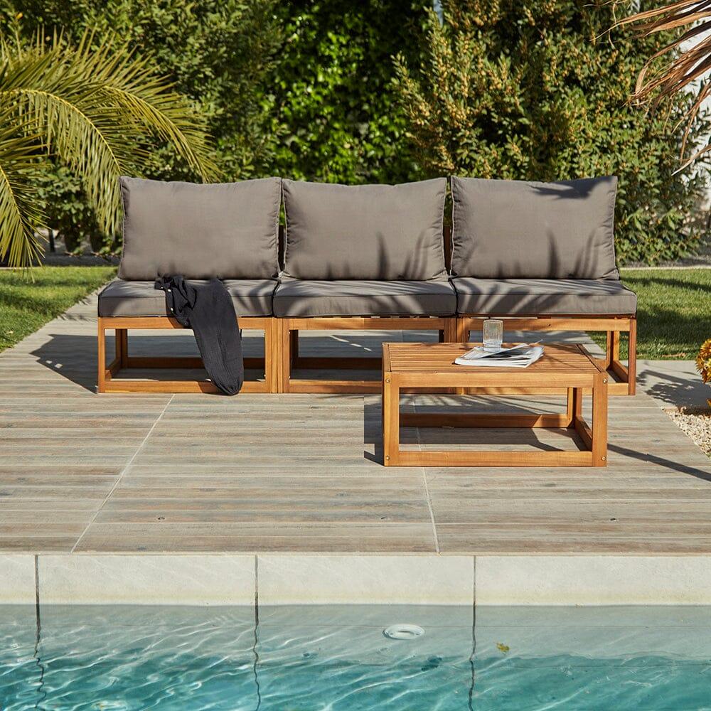 Rowan Grey 3 Seater Armless Wooden Garden Sofa and Coffee Table Set - Laura James