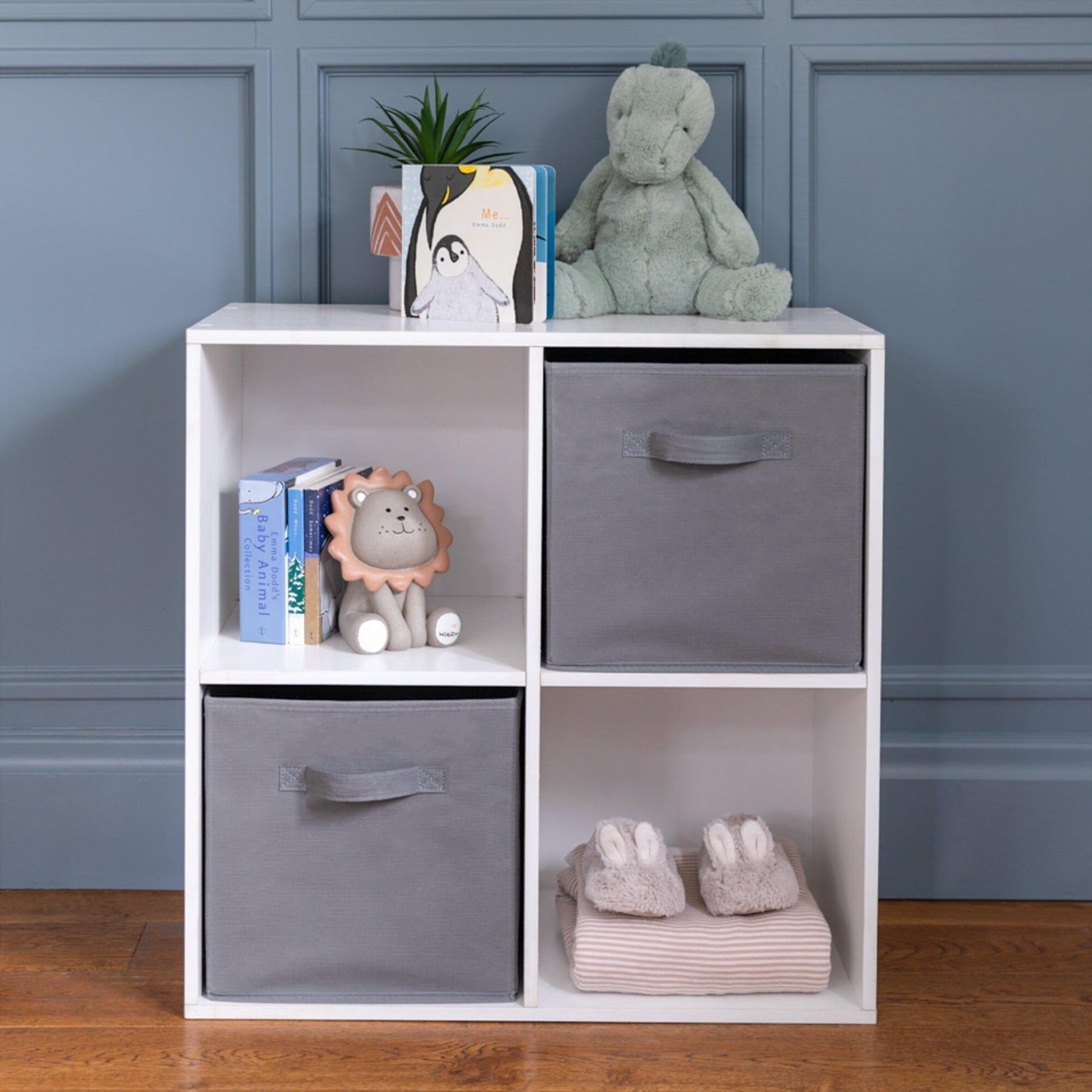 4 Cube White Bookcase Wooden Display Unit Shelving Storage Bookshelf Shelves (Grey Basket) - Laura James