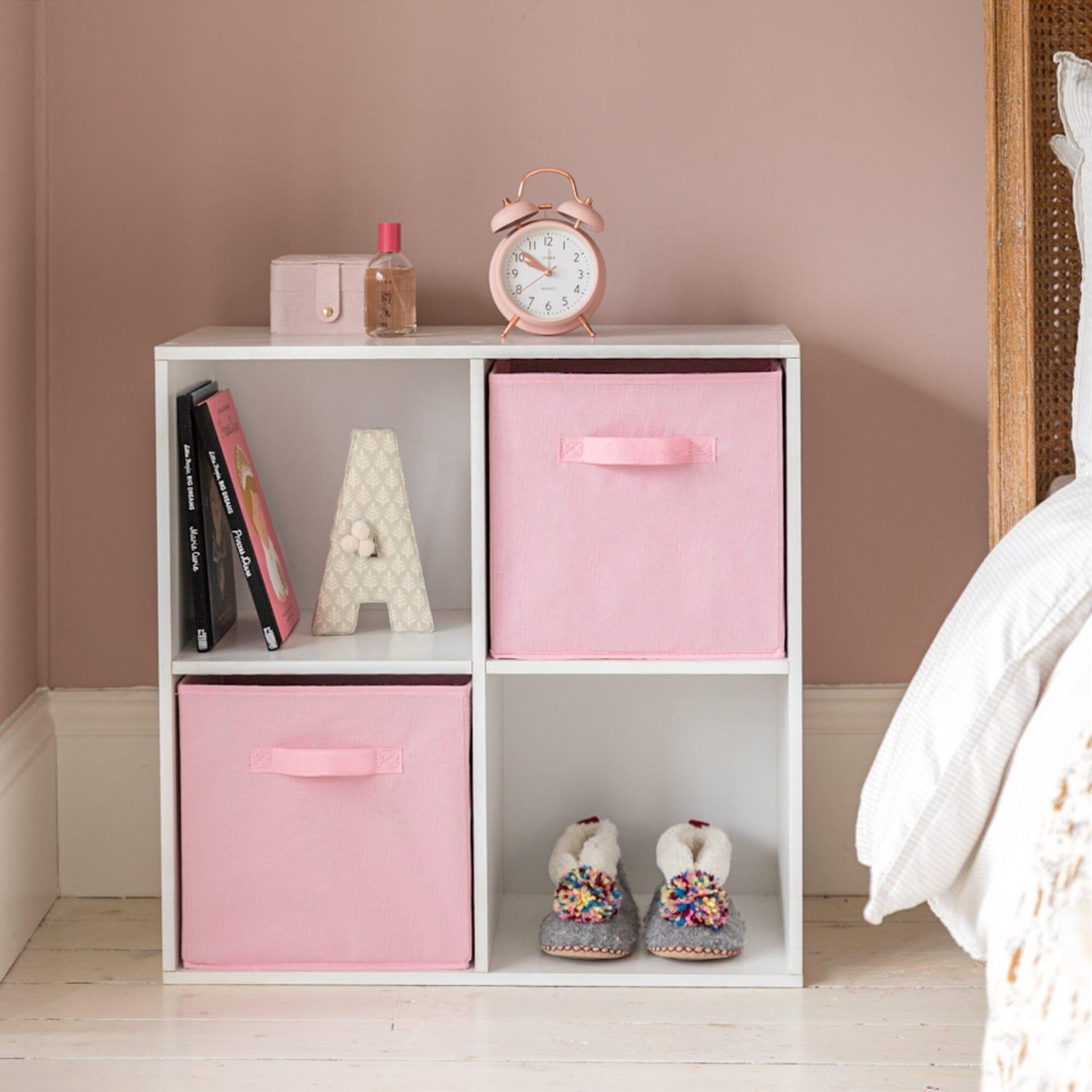 4 Cube White Bookcase Wooden Display Unit Shelving Storage Bookshelf Shelves (Pink Basket) - Laura James