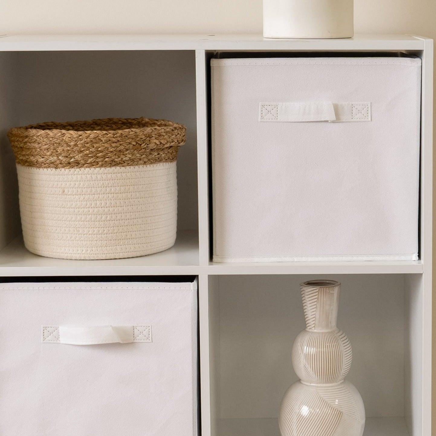 4 Cube White Bookcase Wooden Display Unit Shelving Storage Bookshelf Shelves (White Basket) - Laura James