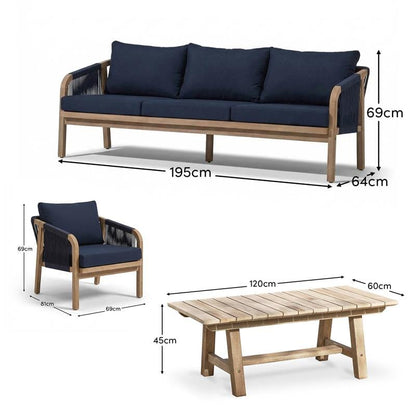 Shiro 5 Seater Wooden Garden Sofa Set with Shiro Coffee Table - Navy - Laura James