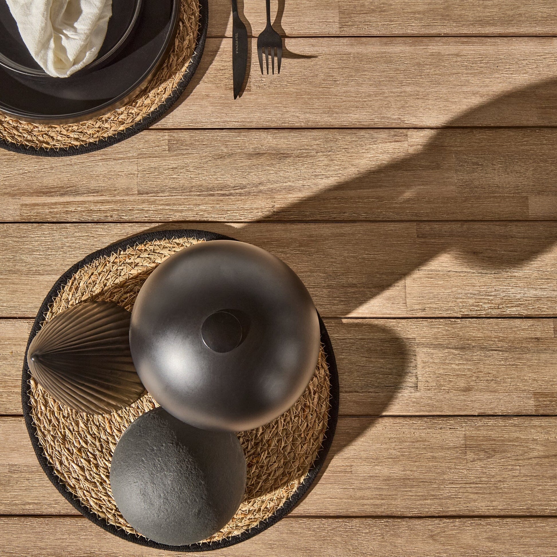 Amelia Outdoor 6 Seater Dining Table Set  - Light Brushed Acacia with Black Legs with Imani Dining Chairs and Shiro Bench - Laura James 