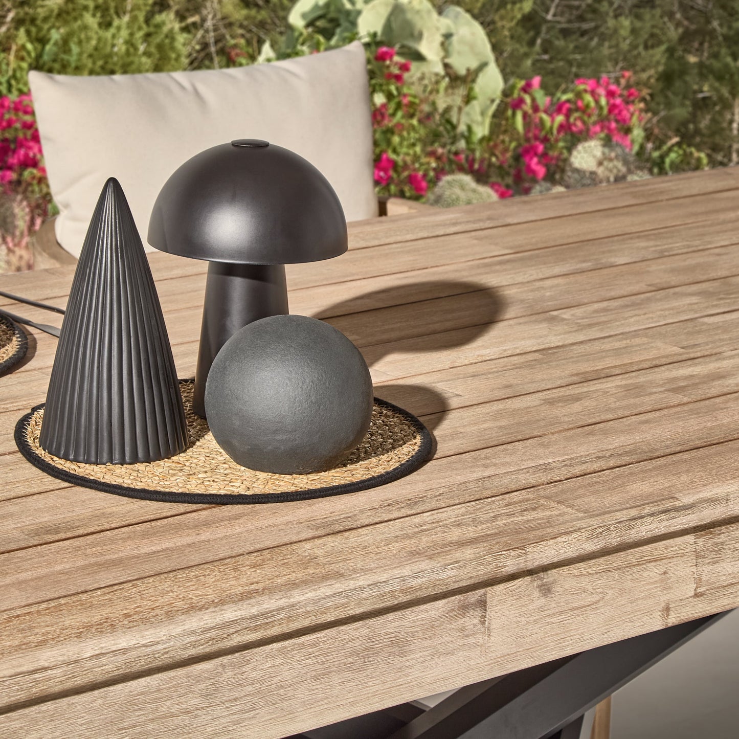 Amelia Outdoor 6 Seater Dining Table Set  - Light Brushed Acacia with Black Legs with Imani Dining Chairs and Shiro Bench - Laura James 