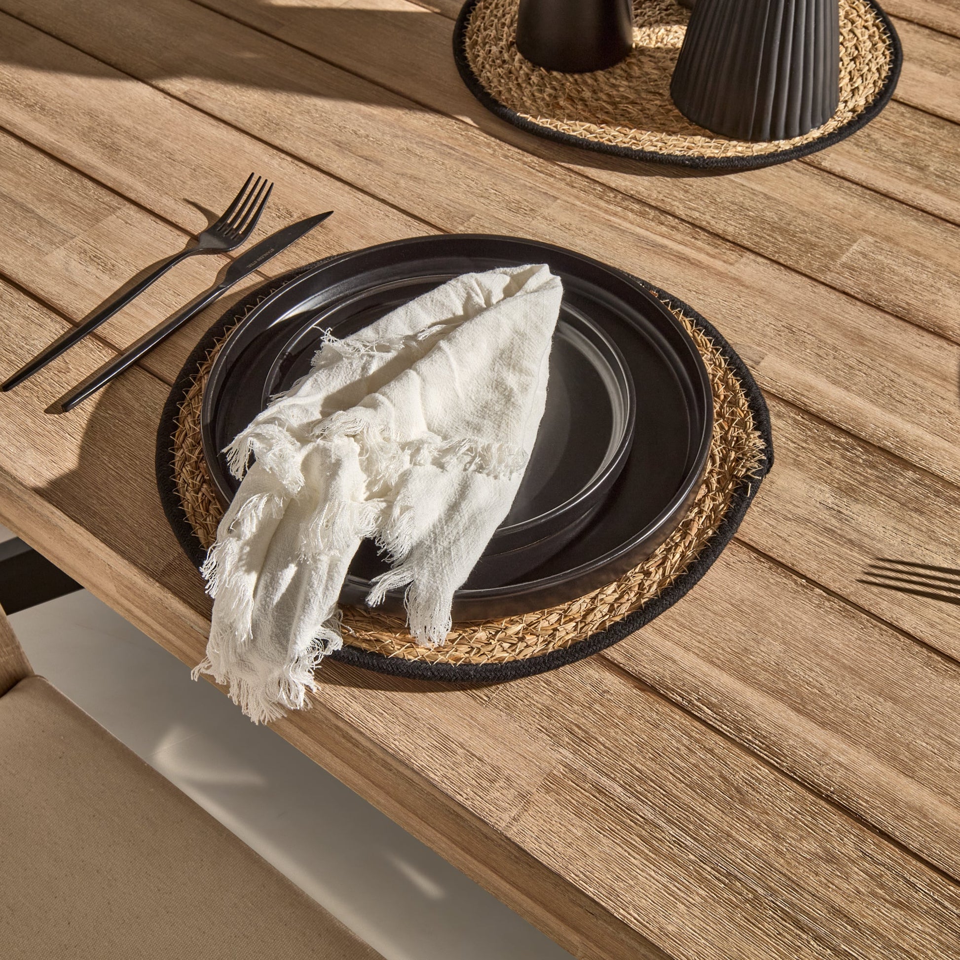Amelia Outdoor 6 Seater Dining Table Set  - Light Brushed Acacia with Black Legs with Imani Dining Chairs and Shiro Bench - Laura James 