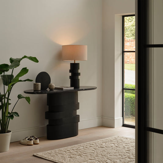 Adam 140cm Jet Black Mango Wood & Black Marble Oval Console Table - Laura James 