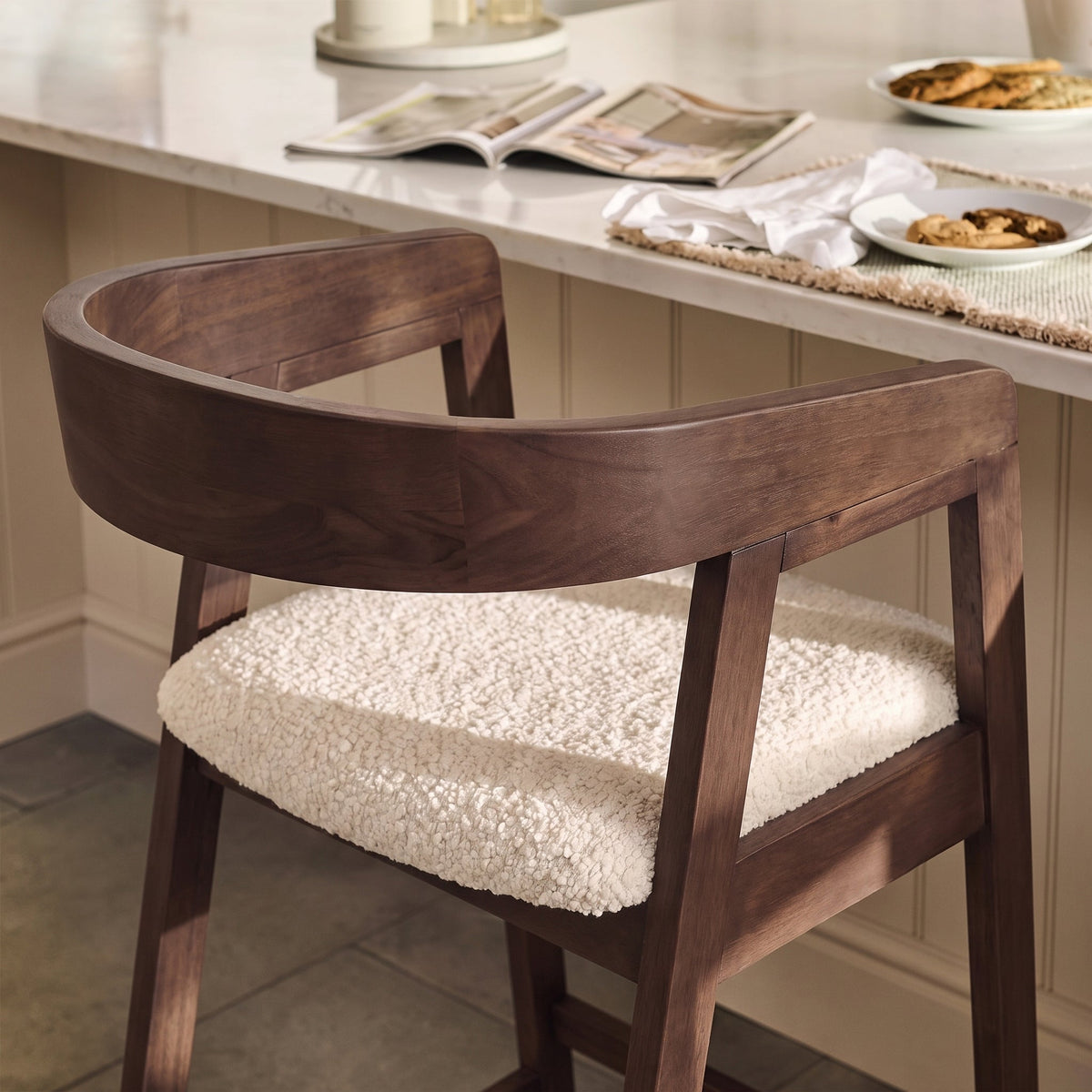 Ella Off White Boucle Bar Stool - Coffee Brown Legs - Laura James 