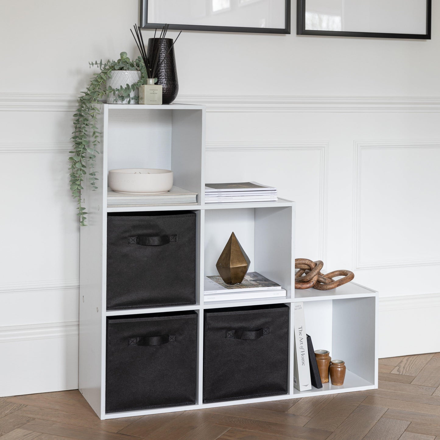 6 Cube bookcase ladder storage unit - white with black boxes - Laura James